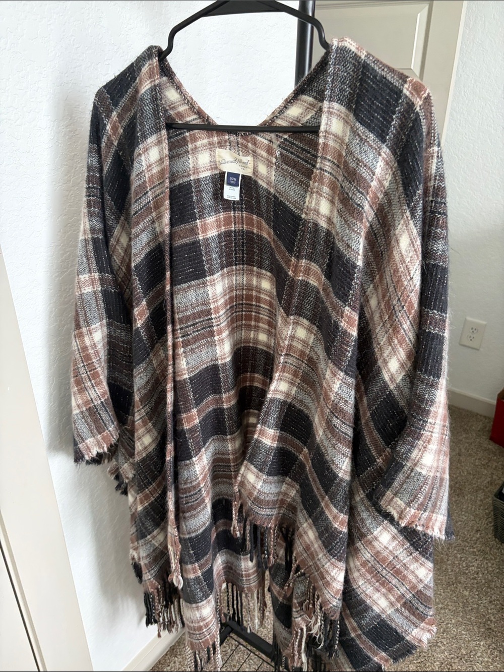 Universal Thread Plaid Fringed Open-Front Poncho in Black, Brown & Cream